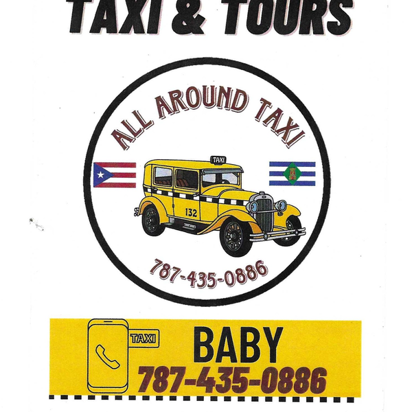 All Around Taxi logo - yellow classic taxi with Puerto Rico and Vieques flags